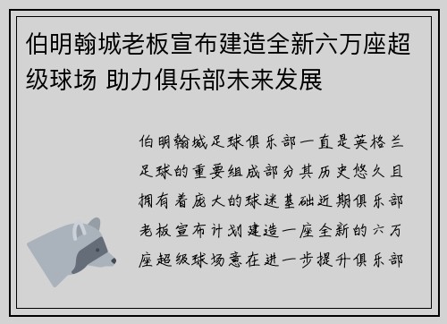 伯明翰城老板宣布建造全新六万座超级球场 助力俱乐部未来发展 伯明翰城老板宣布建造全新六万座超级球场 助力俱乐部未来发展